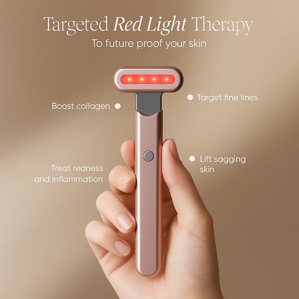 Hand holding a red light therapy device with text on a beige background
